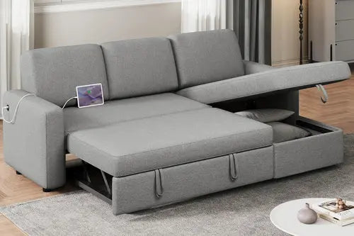 Light Gray L-Shaped Sleeper Sectional, USB, Storage Peach Maple