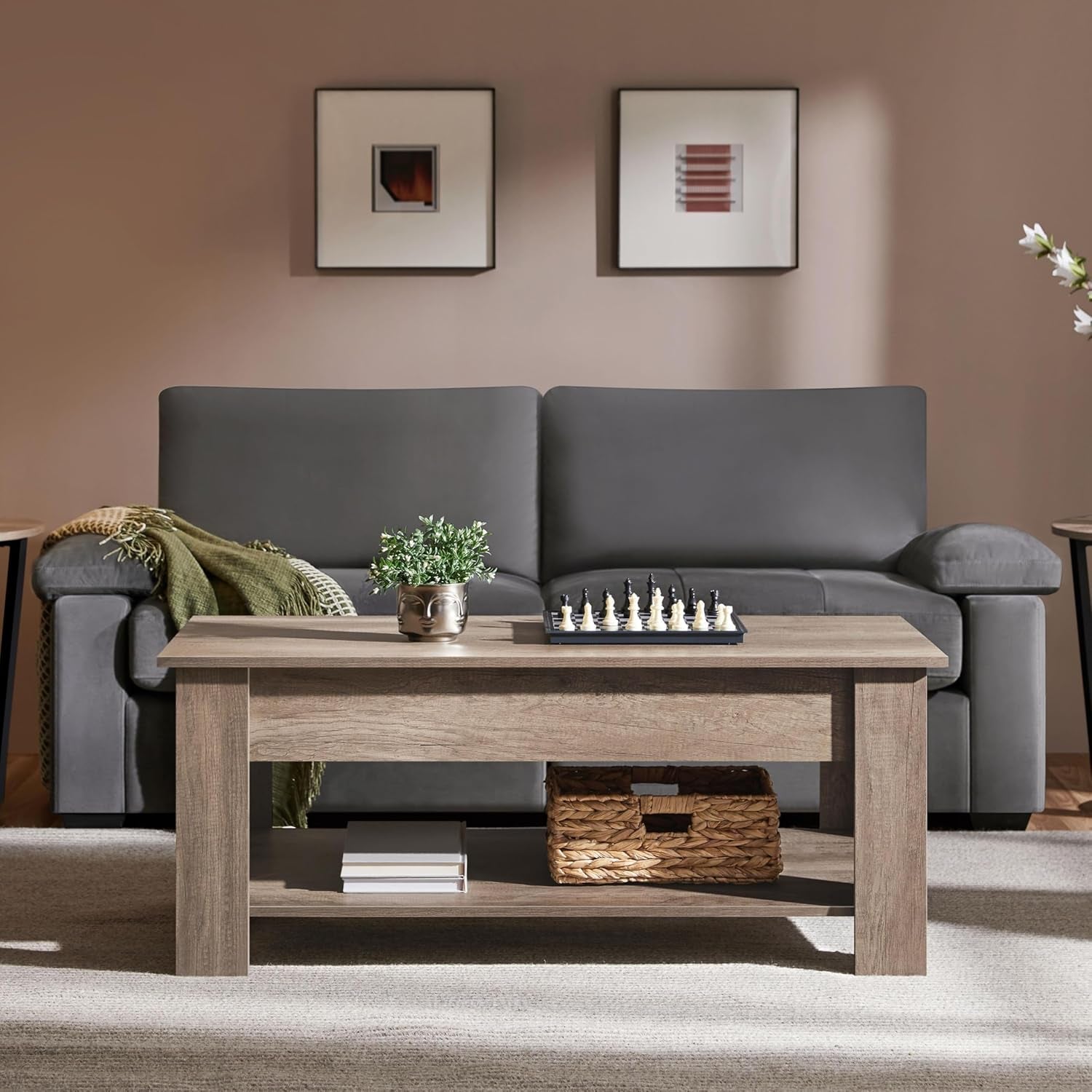 Lift Top Coffee Table with Hidden Compartment and Storage Shelf, Peach Maple
