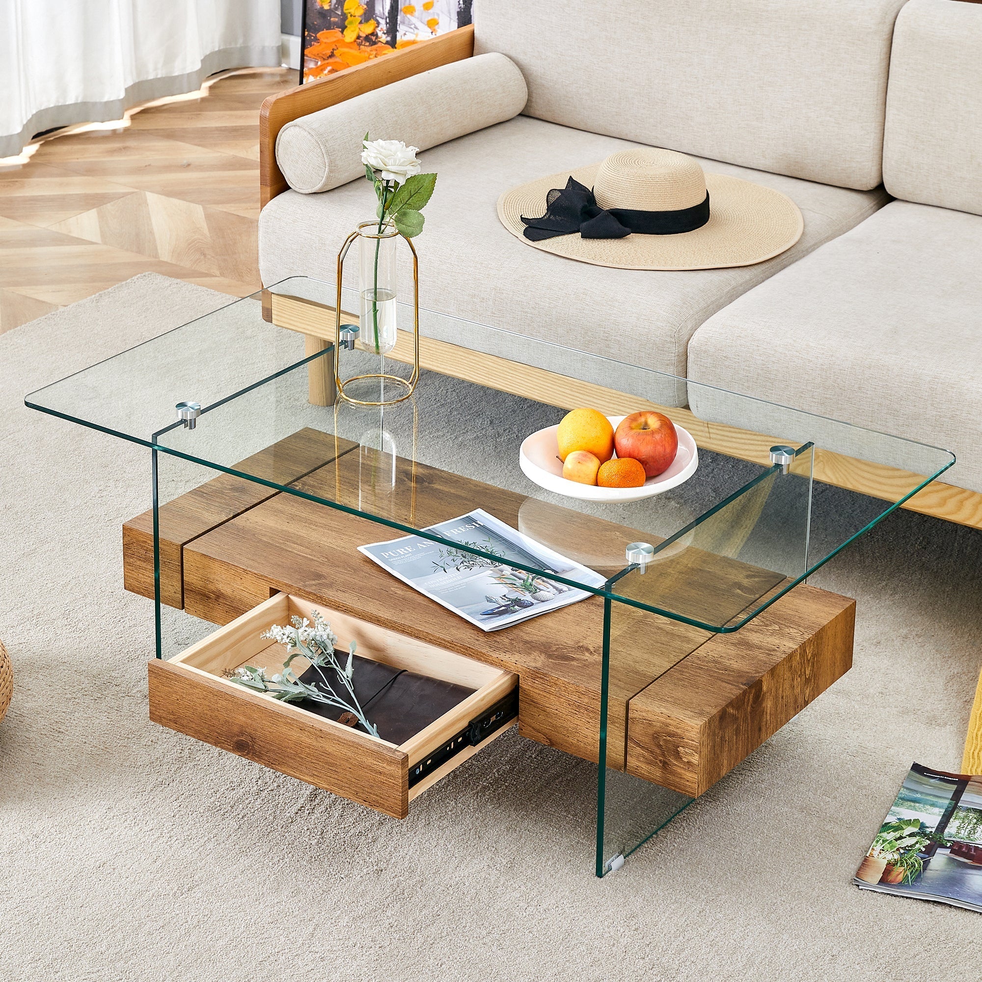 Modern Two-Tier Coffee Table - Clear Tempered Glass and Natural Wood Sangria Beech