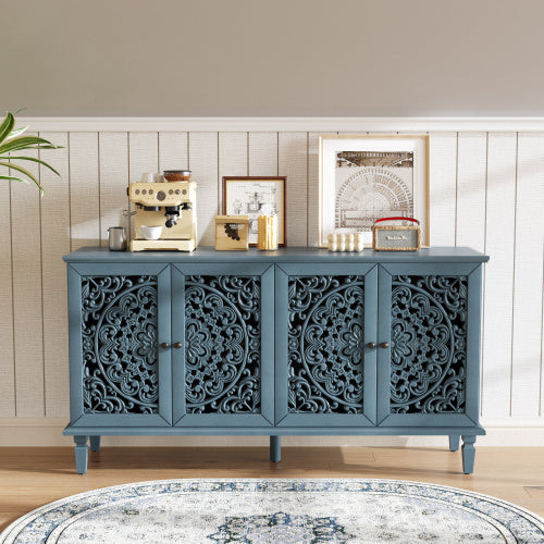 60 Antique Buffet Cabinet With Floral Carvings With Solid Wood Legs&Antique Brass Handles&Adjustable Shelves, TV Stand For 65'' TV, Sideboard For Living Room,Dining Room