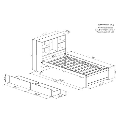 Modern Twin Size Bed Frame With Built-in USB Port On Bookcase Headboard And 2 Drawers For Walnut Color