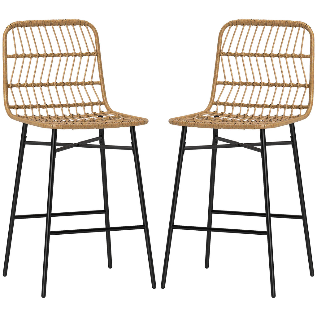 Rattan Counter Bar Stools Set Of 2, 26 Counter Height Barstools With Back, Bar Chairs For Kitchen Island, Brown