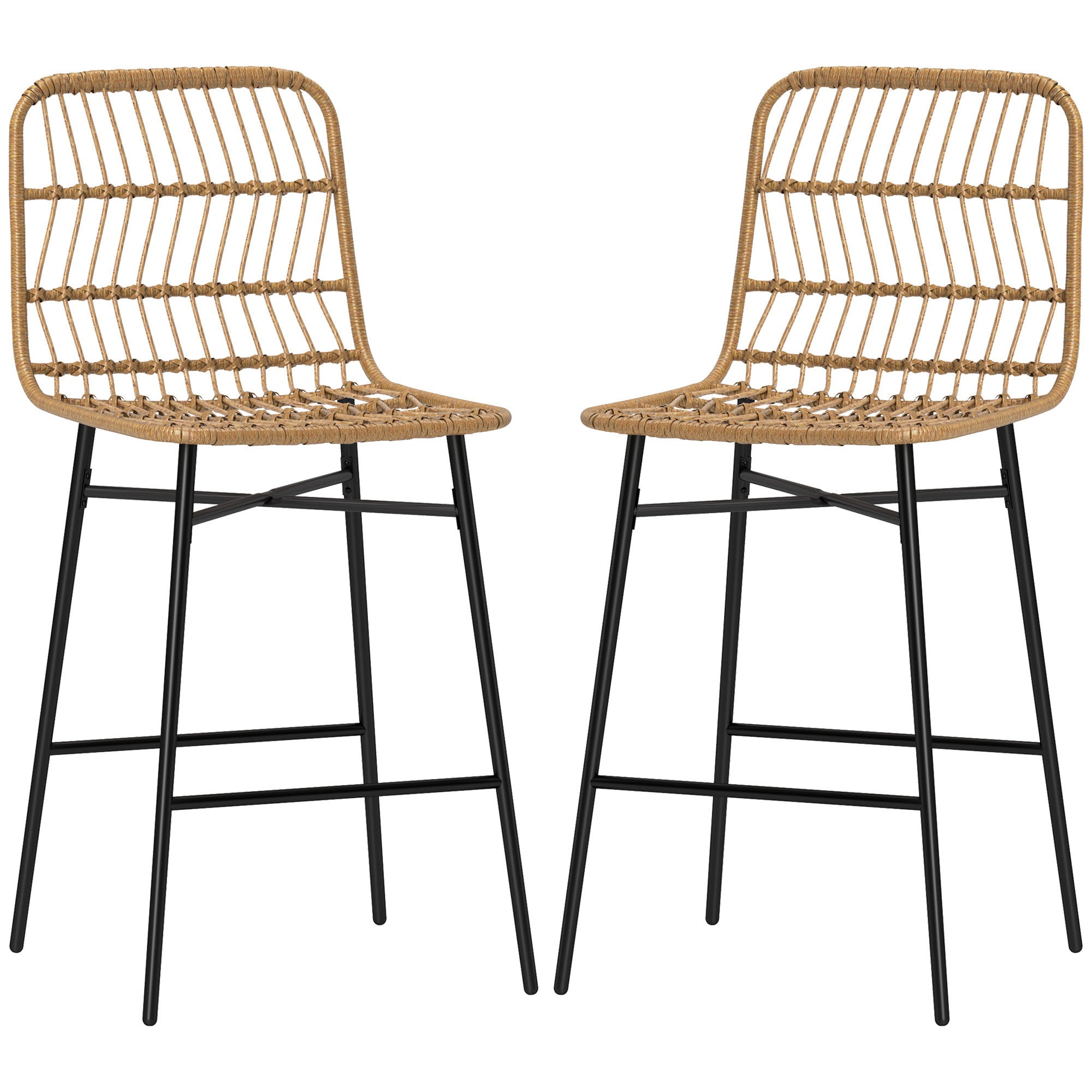 Rattan Counter Bar Stools Set Of 2, 26 Counter Height Barstools With Back, Bar Chairs For Kitchen Island, Brown