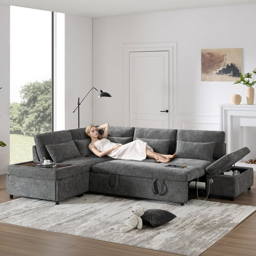 107'' Modular Sectional Pull-out Sofa, L shape with Wide Seats, Free
