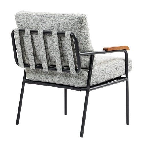 Modern Accent Chair With Natural Wood Armrests And Black Metal Frame, Light Beige Upholstered Seat And Backrest, Comfortable Lounge Chair For Bedroom, Living Room, Dining Room, Set Of 1