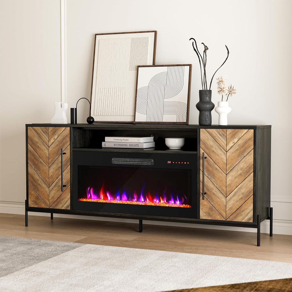 68" TV Stand with 36" Electric Fireplace Heater, Entertainment Center Peach Maple