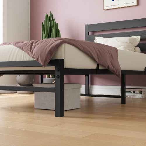 Twin Size Platform Bed Frame With Rustic Vintage Wood Headboard, No Box Spring Needed Black