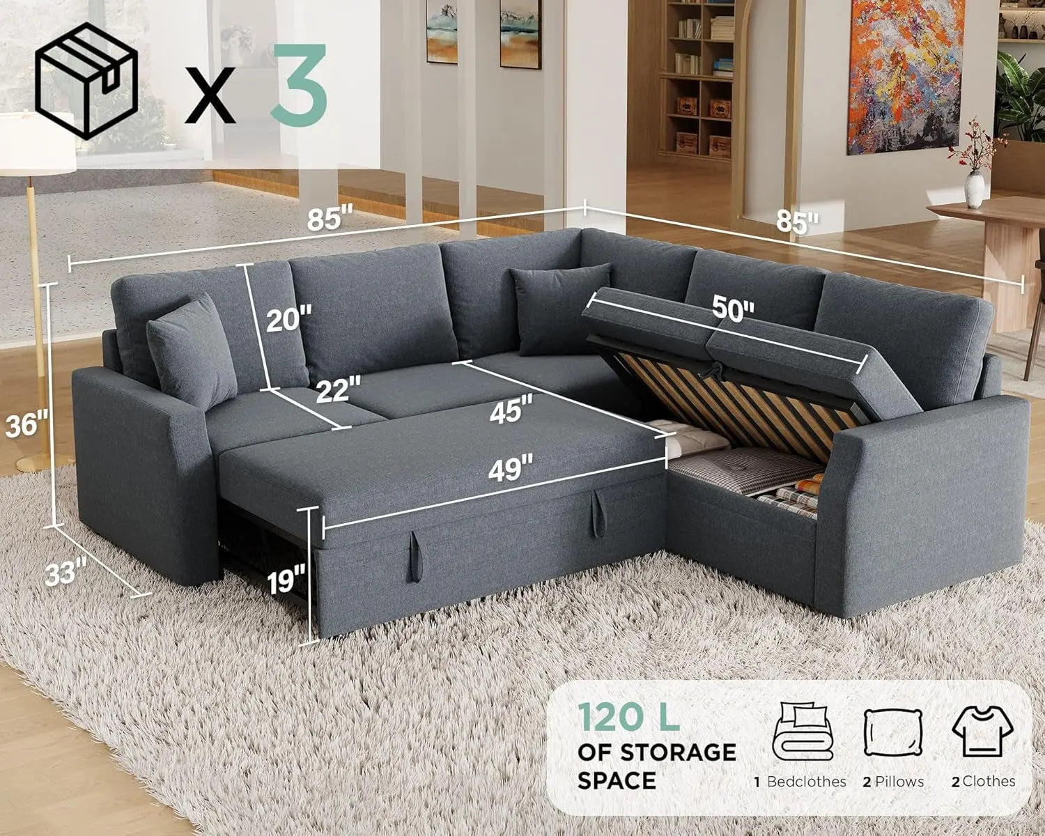 Oversized L-Shaped Sleeper Sectional Sofa with Storage Peach Maple