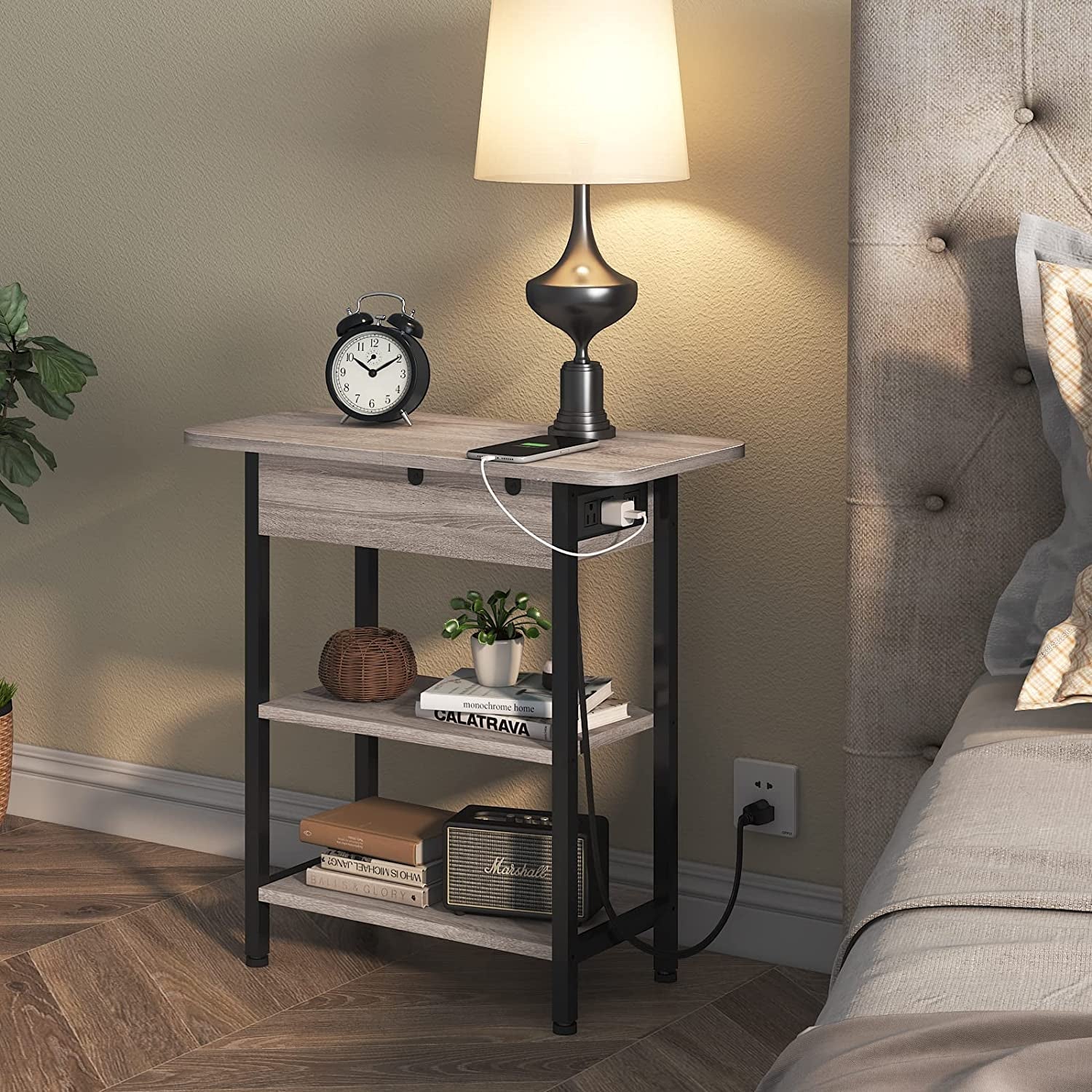 End Table with Charging Station, Flip Top Side Table for Small Spaces,