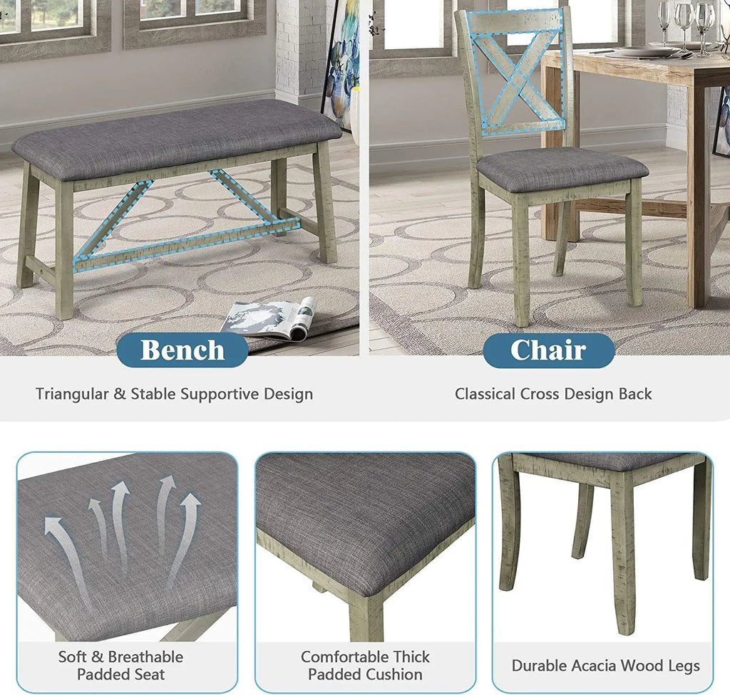 Rustic Gray Wooden 6-Piece Dining Table Set with Cushioned Chairs and Peach Maple