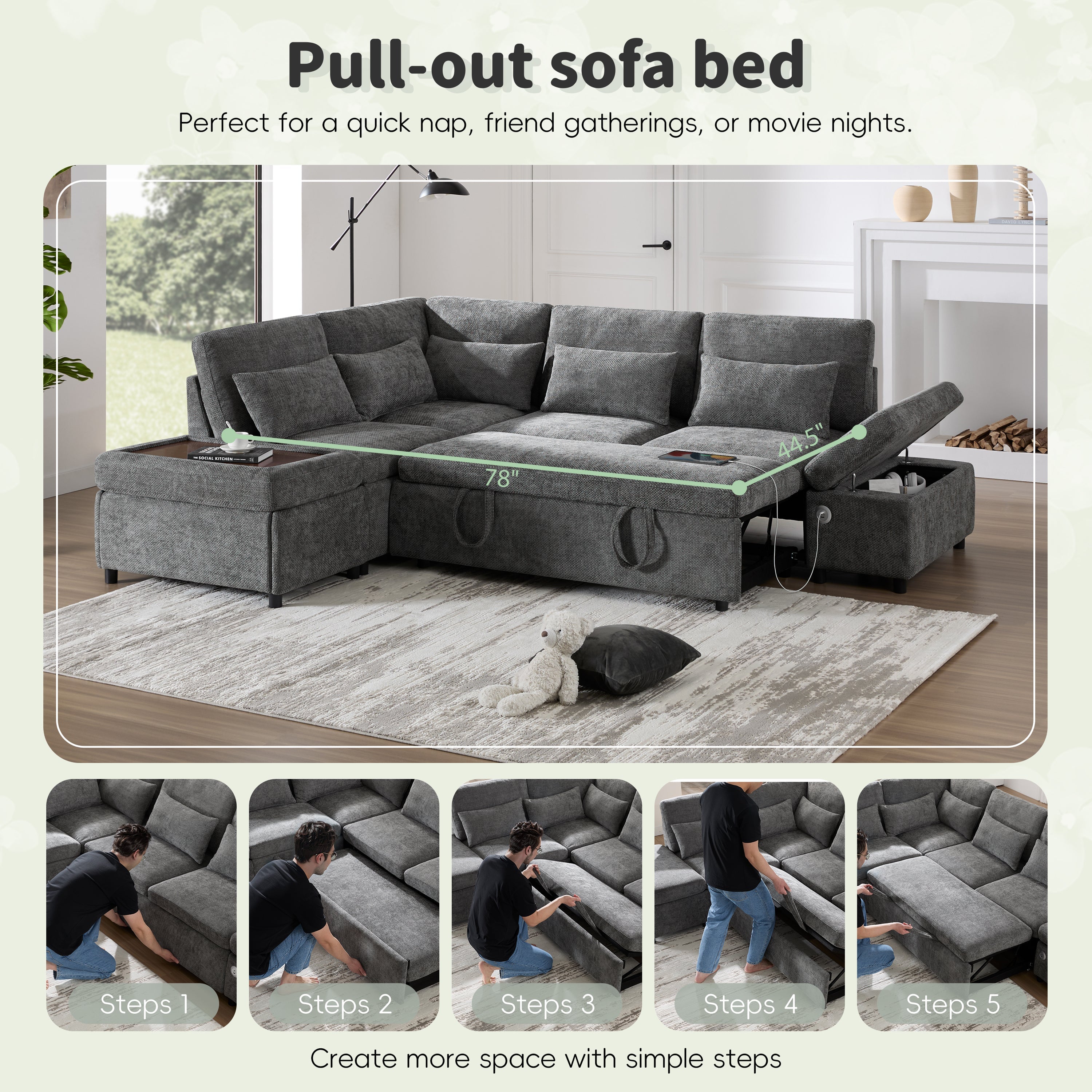 107'' Modular Sectional Pull-out Sofa, L shape with Wide Seats, Free