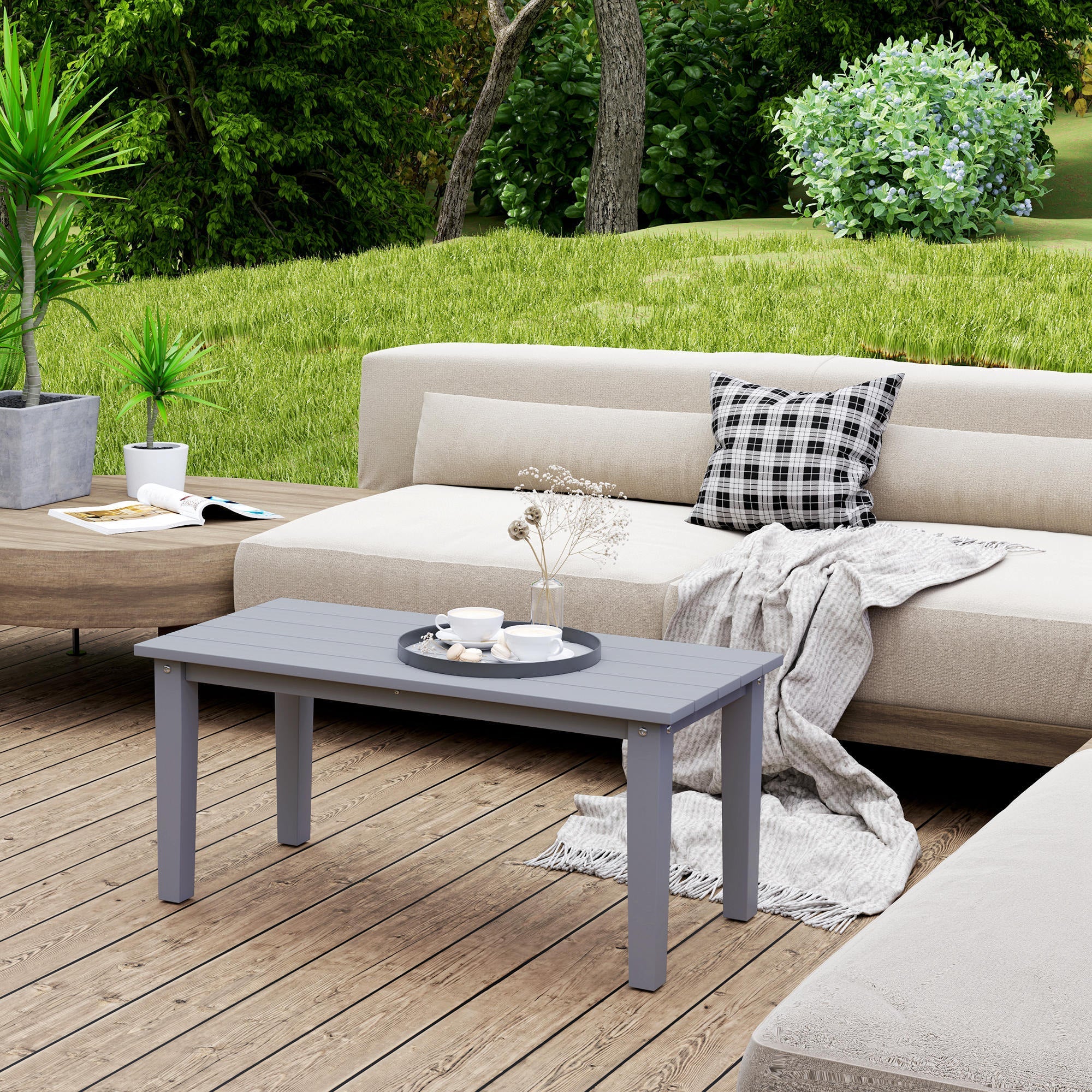 Rectangle Outdoor Coffee Table, HDPE All-Weather Outdoor Patio Table With Slatted Tabletop For Yard, Balcony, Gray CJDropshipping