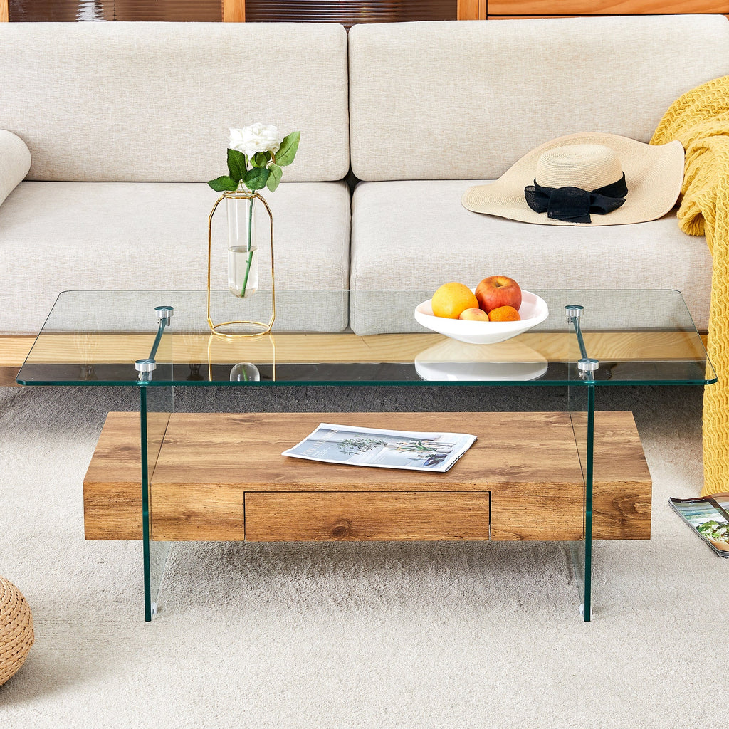 Modern Two-Tier Coffee Table - Clear Tempered Glass and Natural Wood Sangria Beech