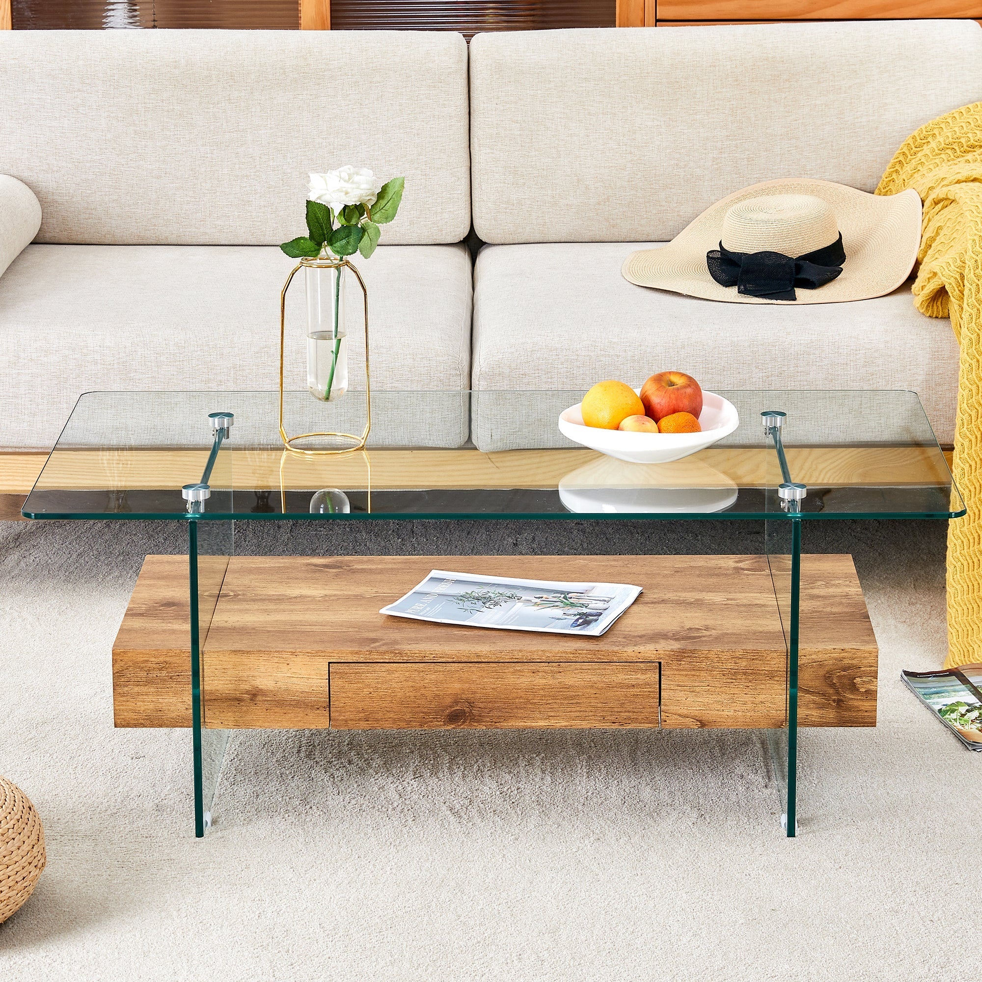 Modern Two-Tier Coffee Table - Clear Tempered Glass and Natural Wood Sangria Beech
