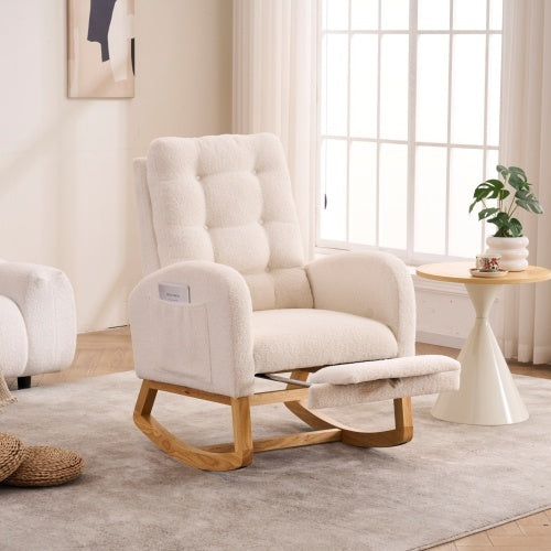 LY-5104 Caramel Accent Rocking Chair With Footrest High Back Rubber Wood Rocking Legs Bedroom Living Space 26.77D X 38.36W X 39.76H Inch