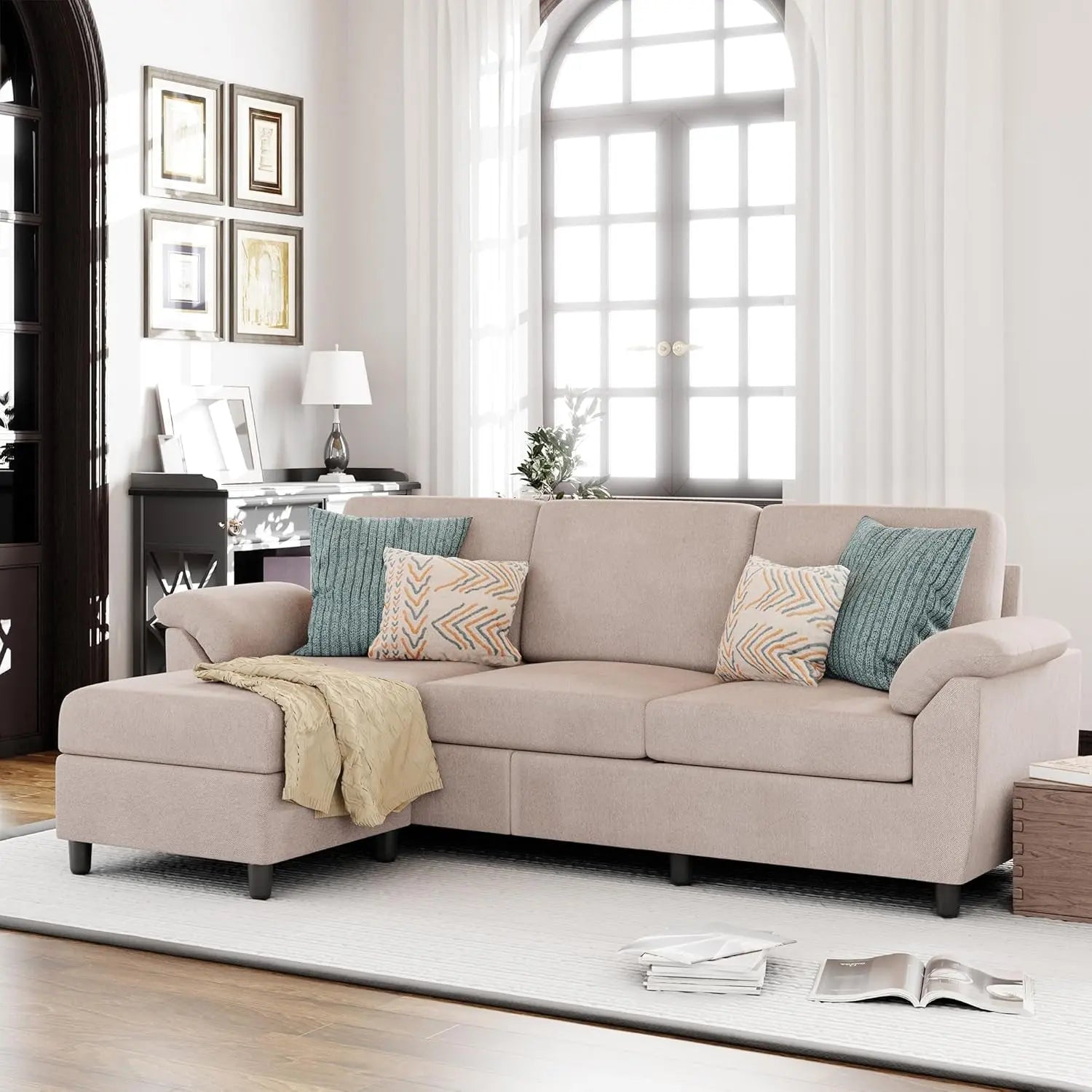Gray Linen Sectional Sofa with Pillows Peach Maple