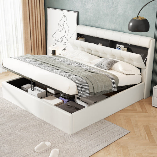 Fashion Upholstered Bed,150x200  5ft, King Bed,Hydraulic Bed,Concealed Headboard Storage,Bed Box Storage,PU,With Slats And Headboard,Without Mattress,Cream White