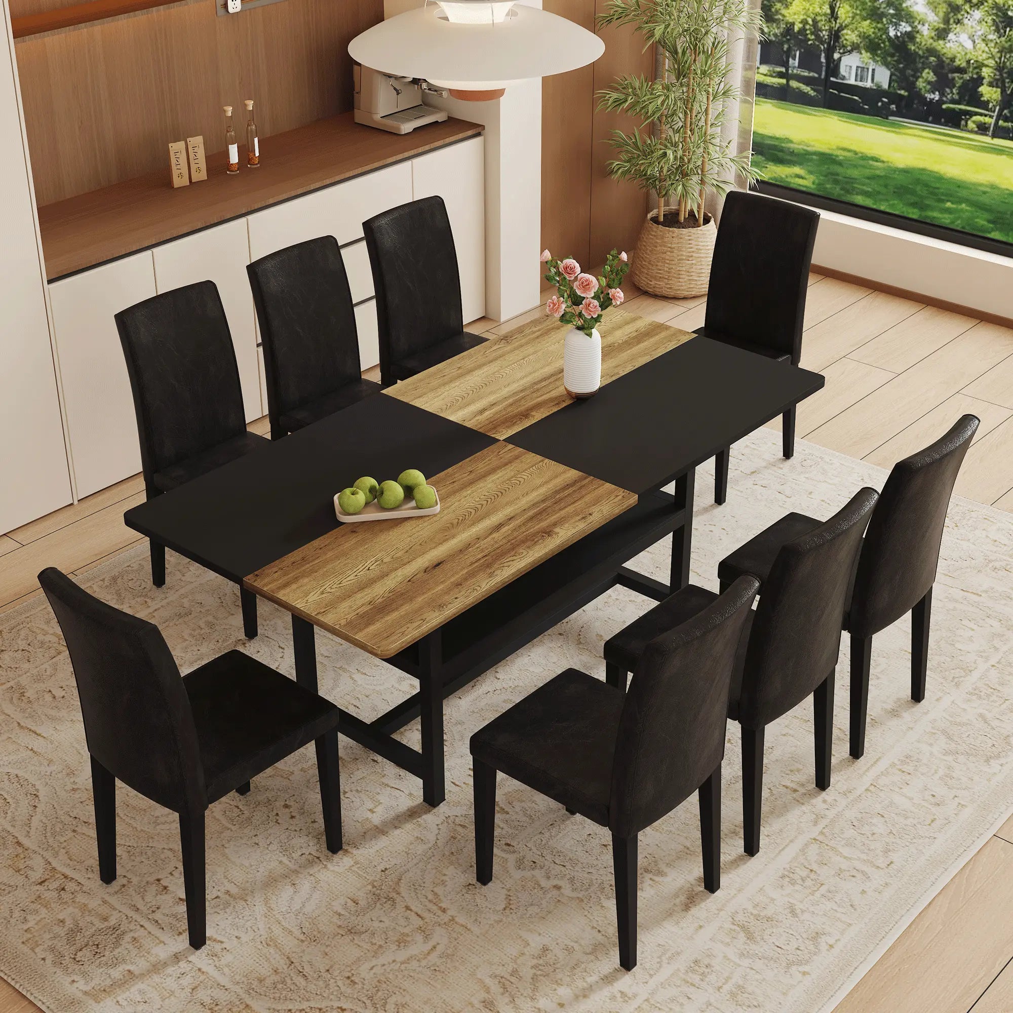 Table and chair set.71*35.4 inch Wooden And Black Spliced Dining Table Sangria Beech