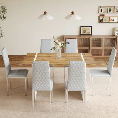 Table And Chair Set.Natural Wood Grain MDF Dining Table  55x31.5 Inch.Paired With 6 Modern Style Dining Chairs In Light Gray, Essential For Minimalist Homes.Blending Into Various Home Environments.