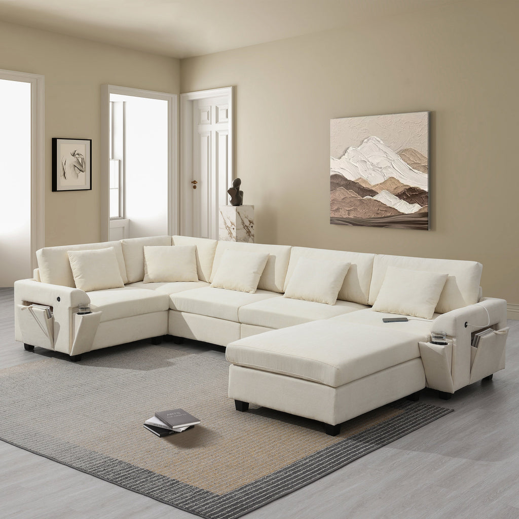 128*67" U Shaped Sectional Sofa,6 Seat Chenille Couch Set with