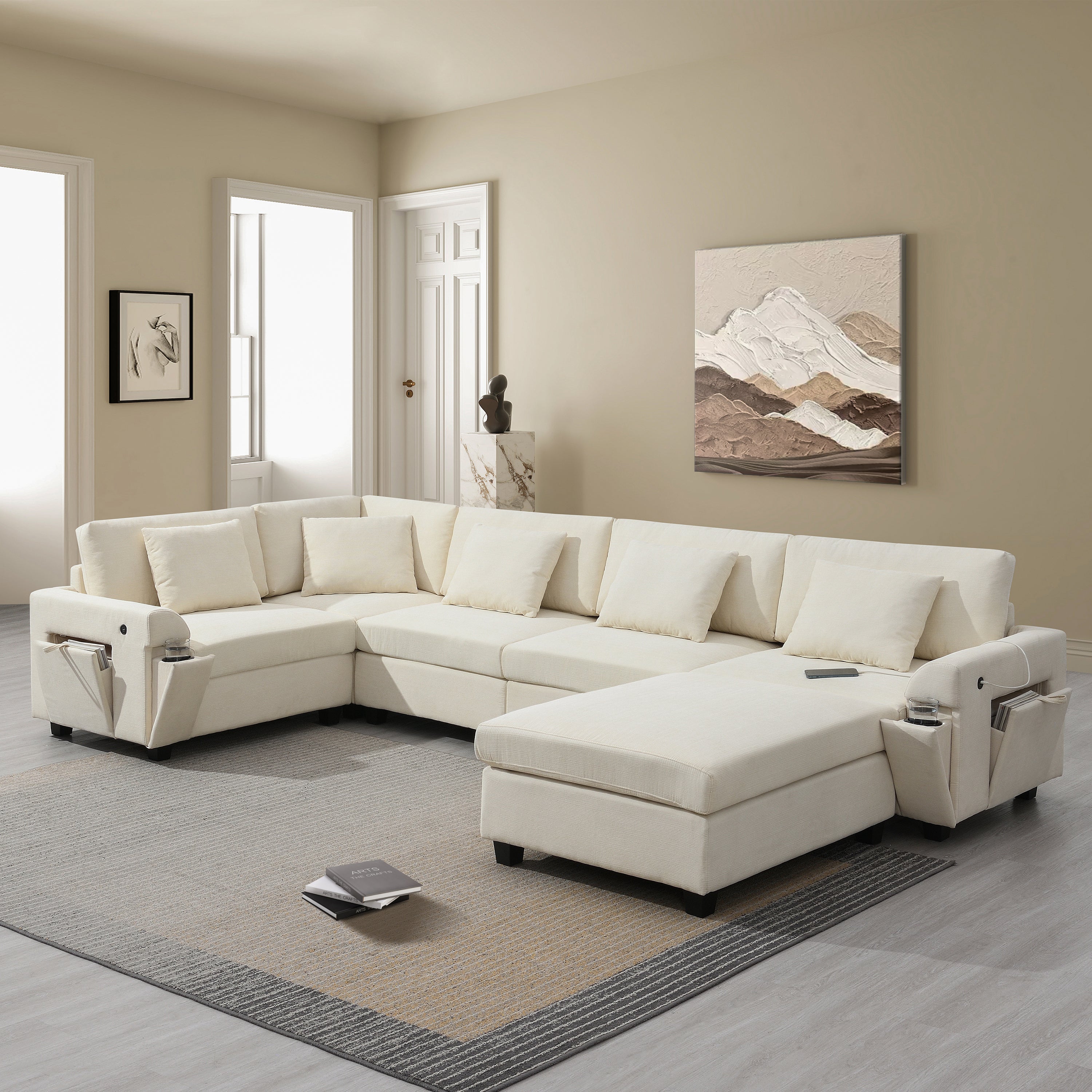 128*67" U Shaped Sectional Sofa,6 Seat Chenille Couch Set with