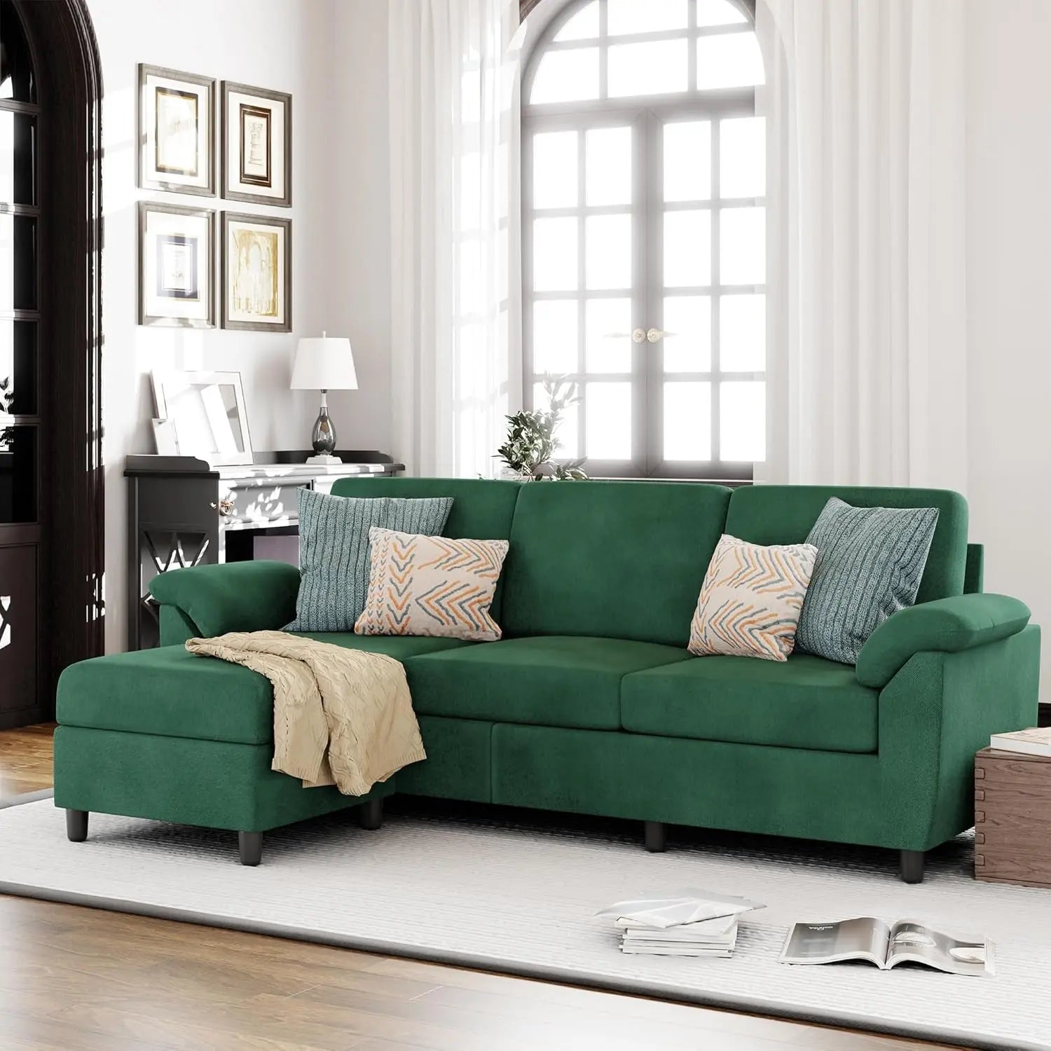 Gray Linen Sectional Sofa with Pillows Peach Maple