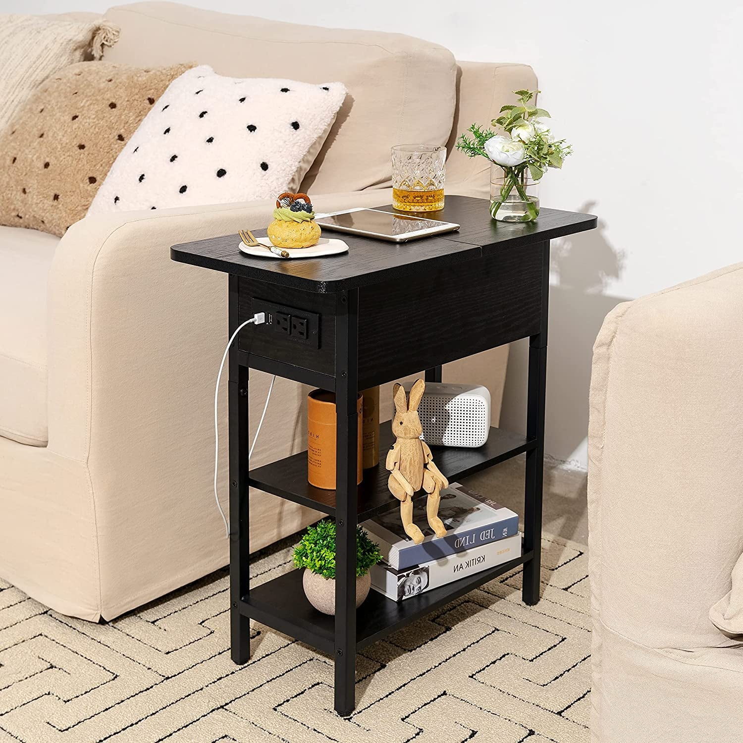 Charging End Table with USB Ports and Outlets, Narrow Nightstand