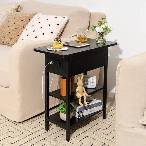 Charging End Table with USB Ports and Outlets, Narrow Nightstand