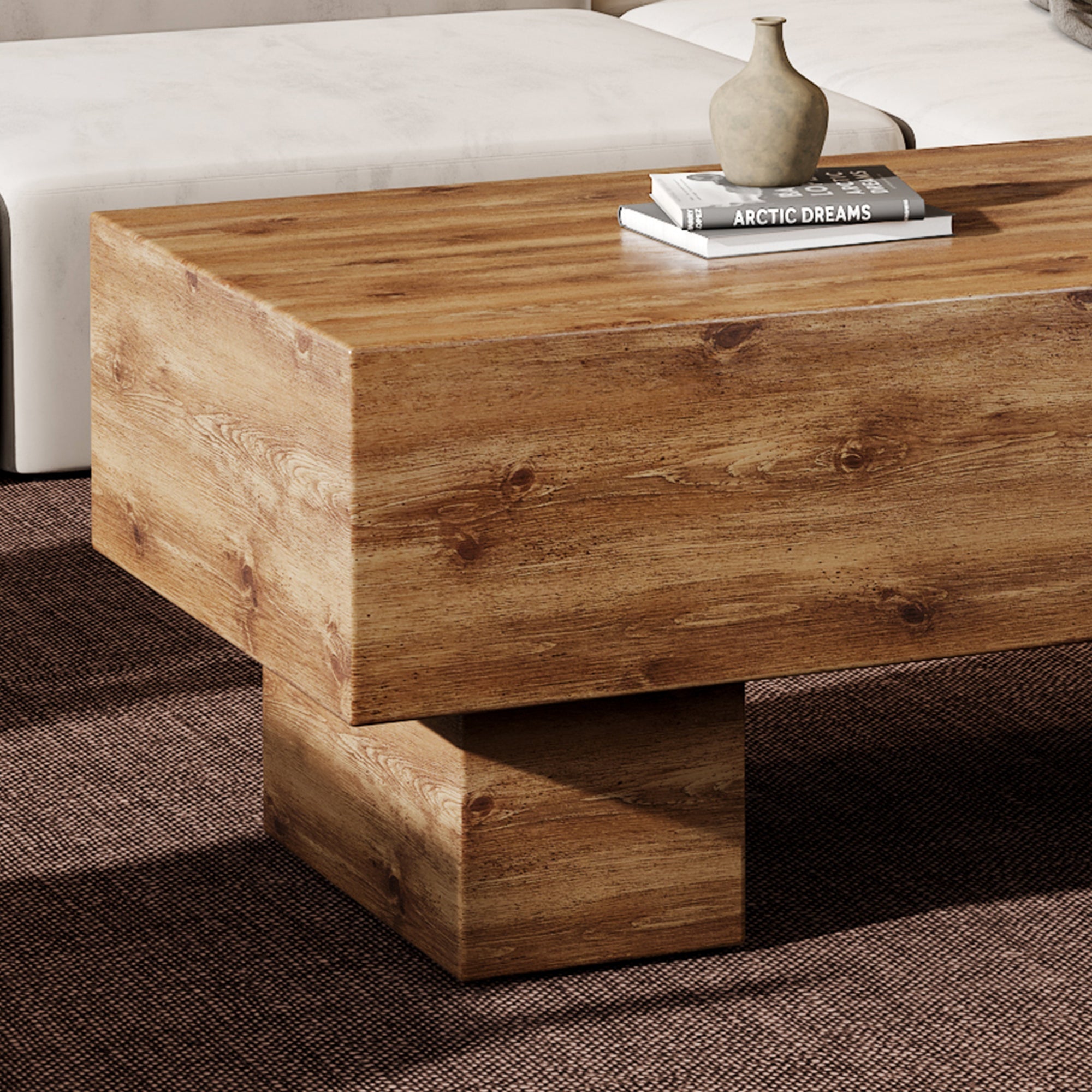 This modern rectangular coffee table features a stylish wood color, Sangria Beech
