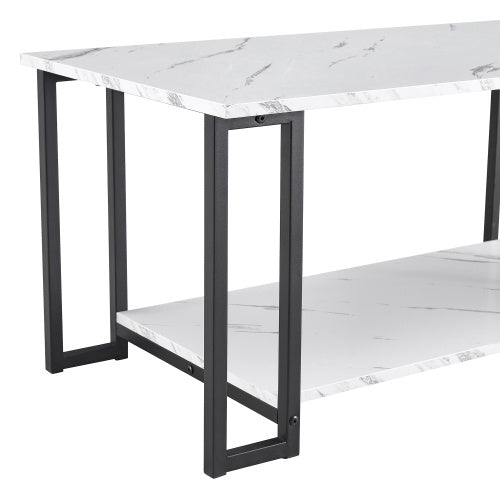 D&N Coffee Table, 2 Layers 1.5cm Thick Marble MDF Rectangle 39.37 L Tabletop Iron Coffee Table , Dining Room, Coffee Shop, Resterant, White Top, Black Leg CJDropshipping