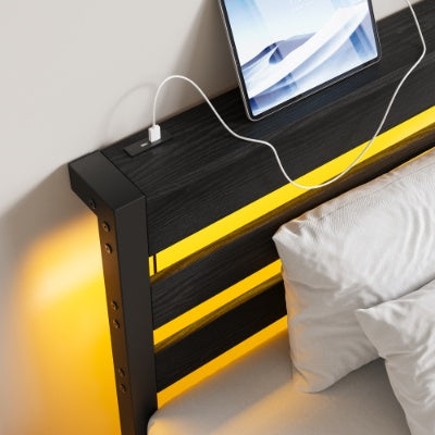 Twin Size Bed Frame Heavy Duty Platform Bed Frame With Headboard, USB Charging Station, LED Bed, No Box Spring Needed, Mattress Foundation, Strong Steel Slats, Noise Free, Black