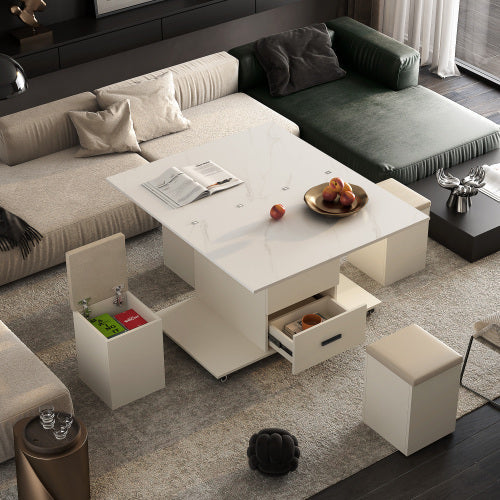 Modern Lift-Up Coffee Table With 4 Stools Set For Living Room Expandable 1 Hidden Storage 2 Drawers Space Saving Folding Dining Table CJDropshipping