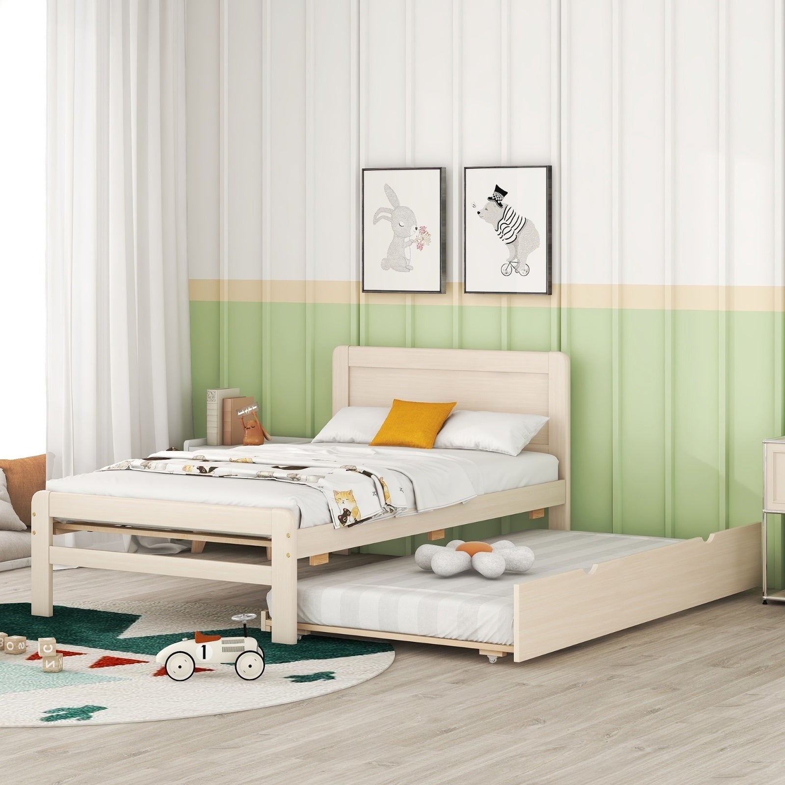 Modern Design Twin Size Platform Bed Frame With Trundle For White Washed Color