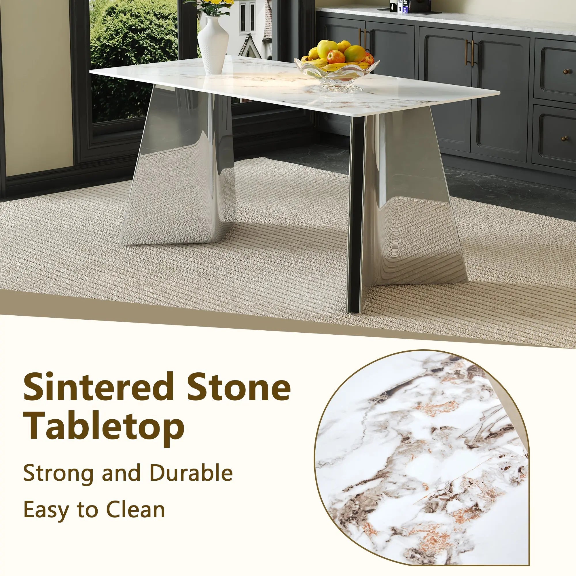 Table and chair set.63*31.4 Inch Luxurious Cold Jade Sintered Stone Sangria Beech