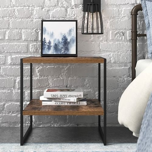 Industrial Modern Black Metal Brown Wood Top Nightstand End Table with Yellow Crius