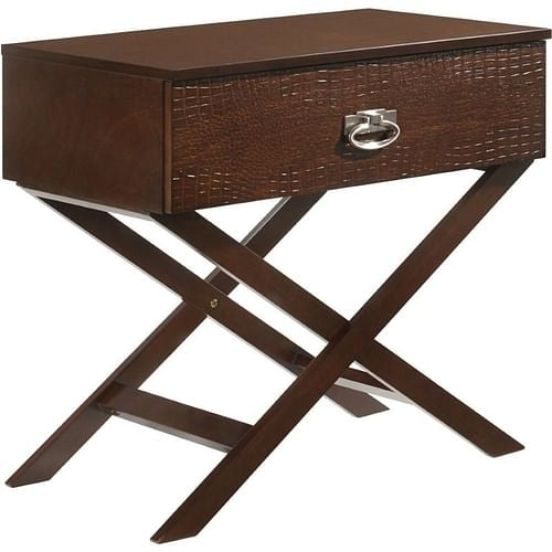 Cappuccino Brown Wood 1-Drawer End Table Nightstand with X Legs Yellow Crius