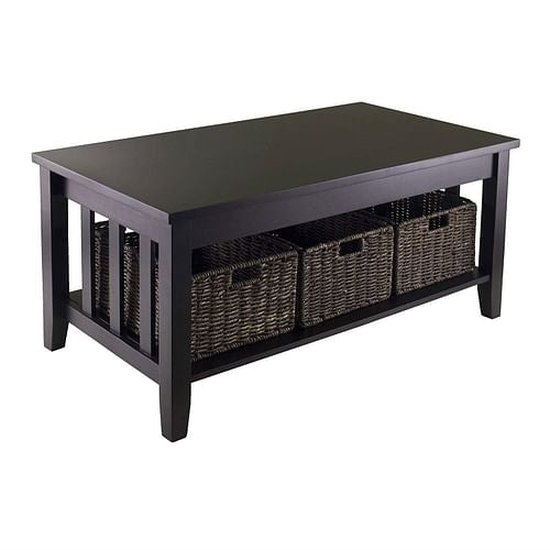 Espresso 2 Tier Coffee Occasional Table with 3 Storage Baskets Yellow Crius