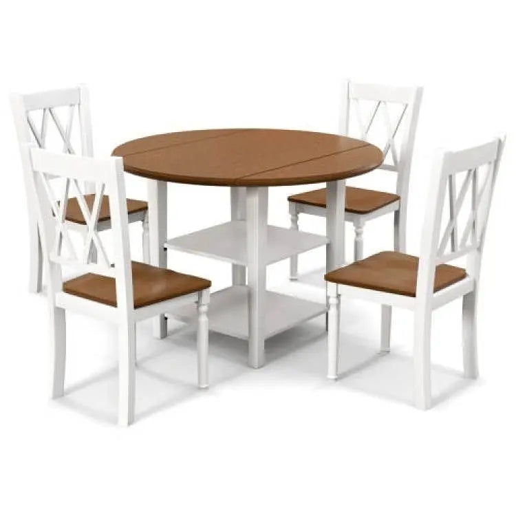 Round Drop Leaf Dining Table Set with 4 Chairs in White/Walnut Wood Yellow Crius