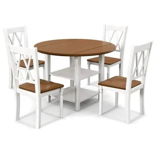 Round Drop Leaf Dining Table Set with 4 Chairs in White/Walnut Wood Yellow Crius