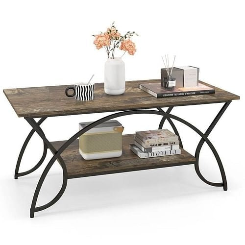 Rustic Farmhouse 2 Tier Brown Wood Coffee Table with Curved Metal Legs Yellow Crius