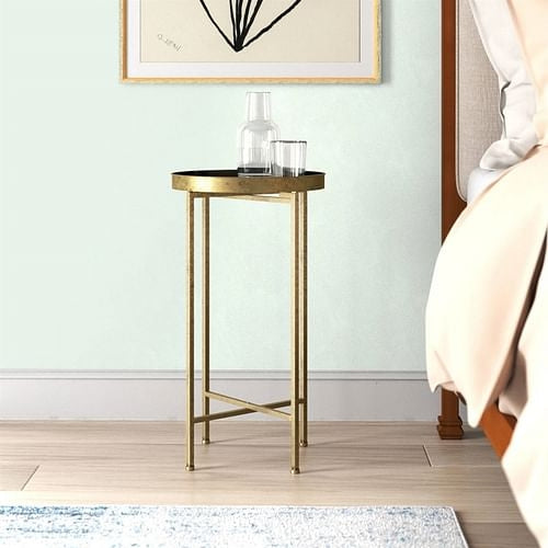 Gold Finish Metal Round Nightstand End Table with Removable Black Tray Yellow Crius