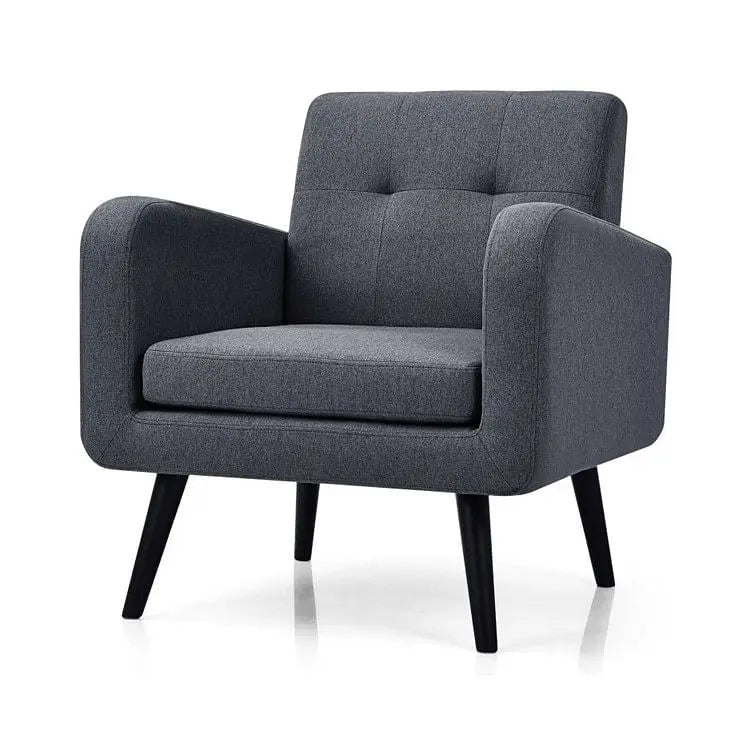 Mid-Century Modern Grey Linen Upholstered Accent Chair with Wooden Yellow Crius
