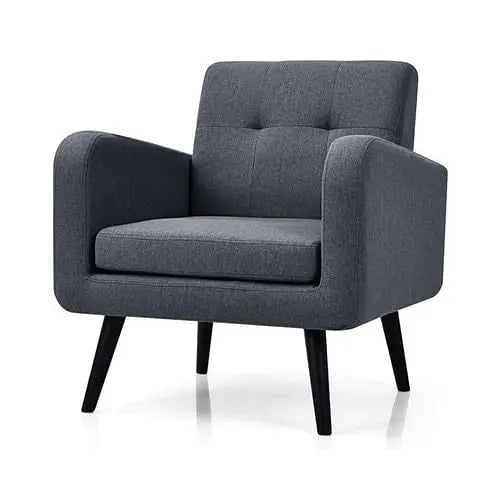 Mid-Century Modern Grey Linen Upholstered Accent Chair with Wooden Yellow Crius