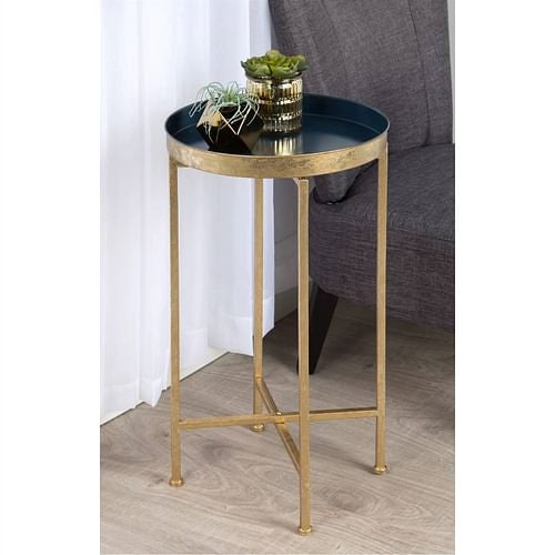 Gold Finish Metal Round End Table Nightstand with  Removable Navy Blue Yellow Crius