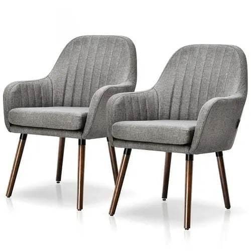 Set of 2 Retro Grey Linen Upholstered Accent Chair with Stylish Wood Yellow Crius