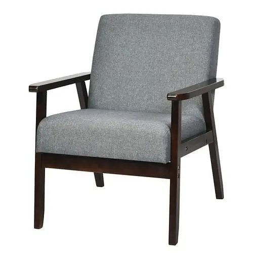 Retro Modern Classic Grey Linen Wide Accent Chair with Espresso Wood Yellow Crius