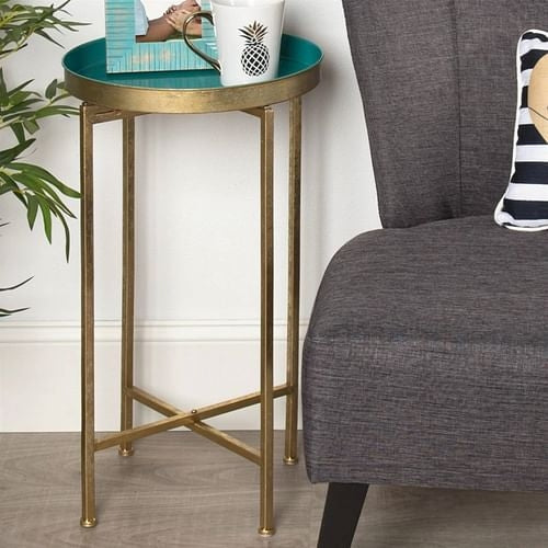 Gold Finish Metal Round End Table Nightstand with Removable Teal Tray Yellow Crius