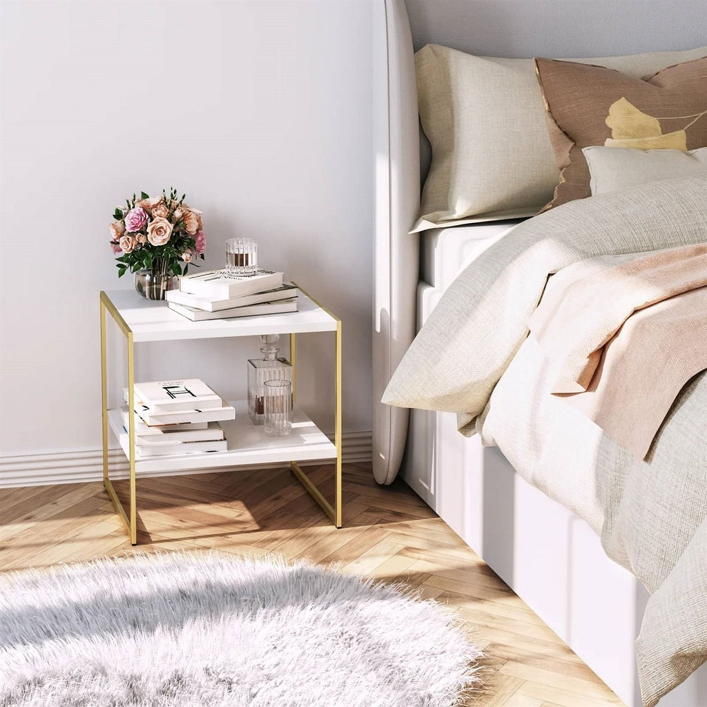 Industrial Modern Gold Metal White Wood Top Nightstand End Table with Yellow Crius