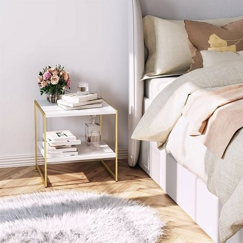 Industrial Modern Gold Metal White Wood Top Nightstand End Table with Yellow Crius