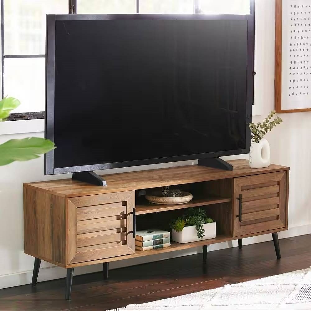 Modern Rustic Wood Finish TV Stand with Mid-Century Legs - for TV up Yellow Crius
